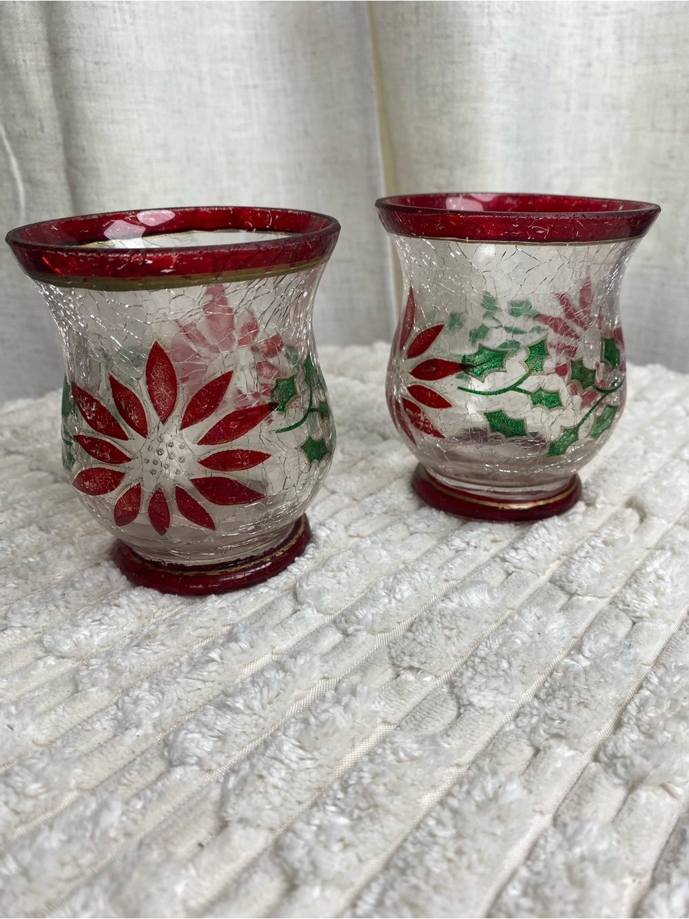 Vtg Crackle Glass Christmas Votive Candle Holders Red Poinsettia Pair 4"